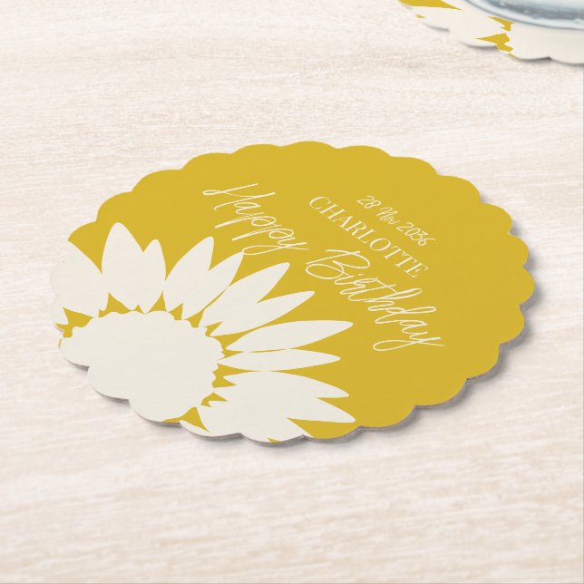  Minimalist Modern Sunflower Custom Happy Birthday Paper Coaster (Angled)