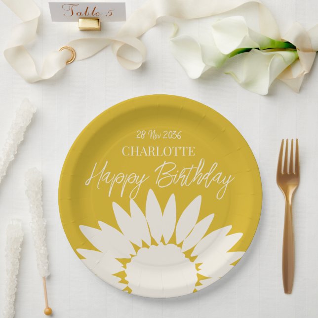  Minimalist Modern Sunflower Custom Happy Birthday Paper Plate (Wedding)
