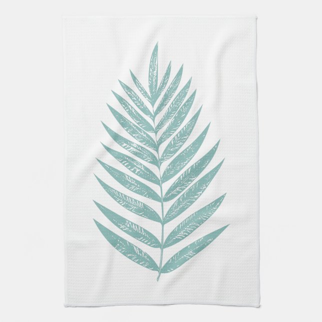 MInimalist Modern Teal Blue Palm Frond Tea Towel (Vertical)