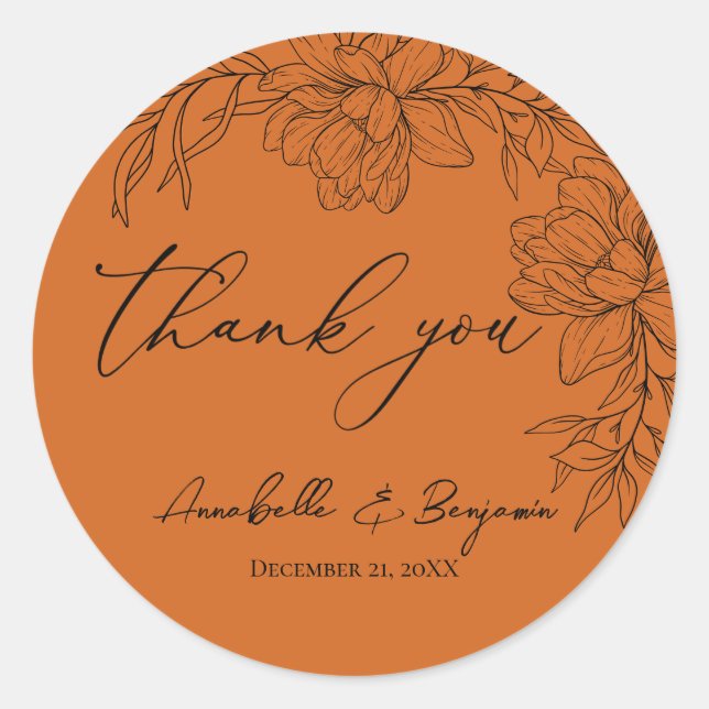 Minimalist Modern Terracotta Floral Wedding  Class Classic Round Sticker (Front)
