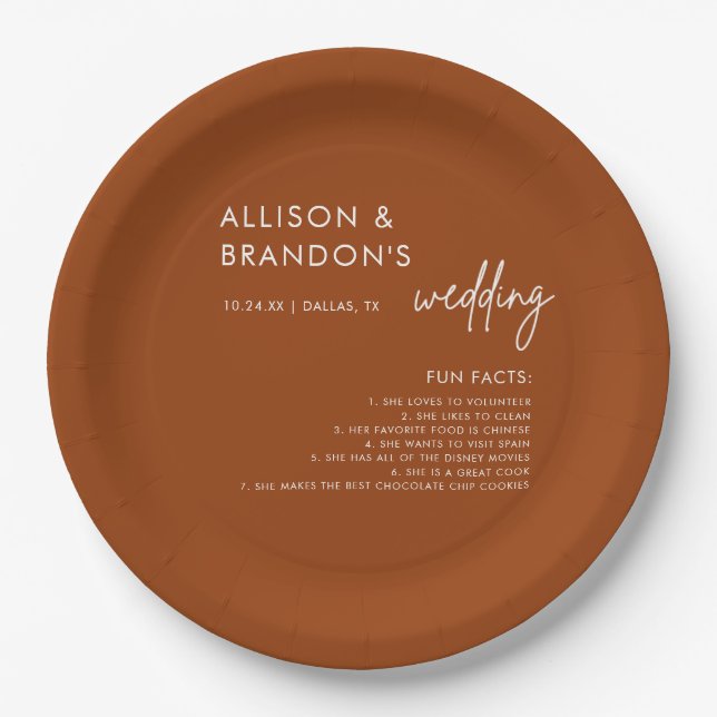 Minimalist Modern Terracotta Wedding Fun Facts Paper Plate (Front)
