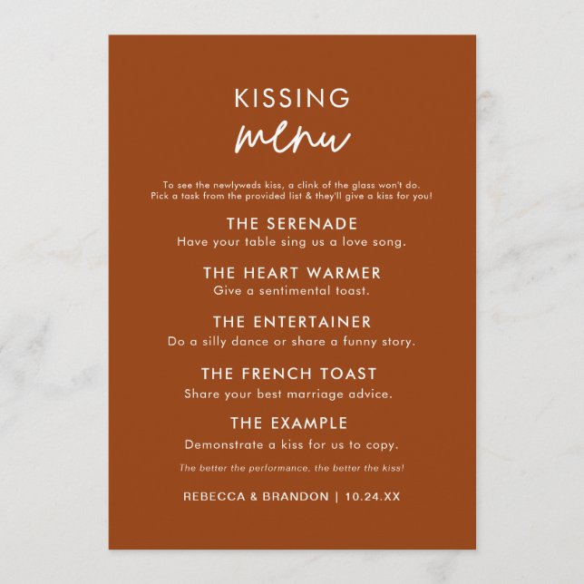 Minimalist Modern Terracotta Wedding Kiss Menu (Front)