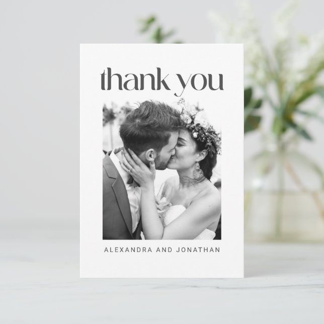 Minimalist Modern Trendy Custom Wedding Photo Thank You Card (Standing Front)