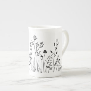 Minimalist Modern Trendy Line Art Botanical  Bone China Mug