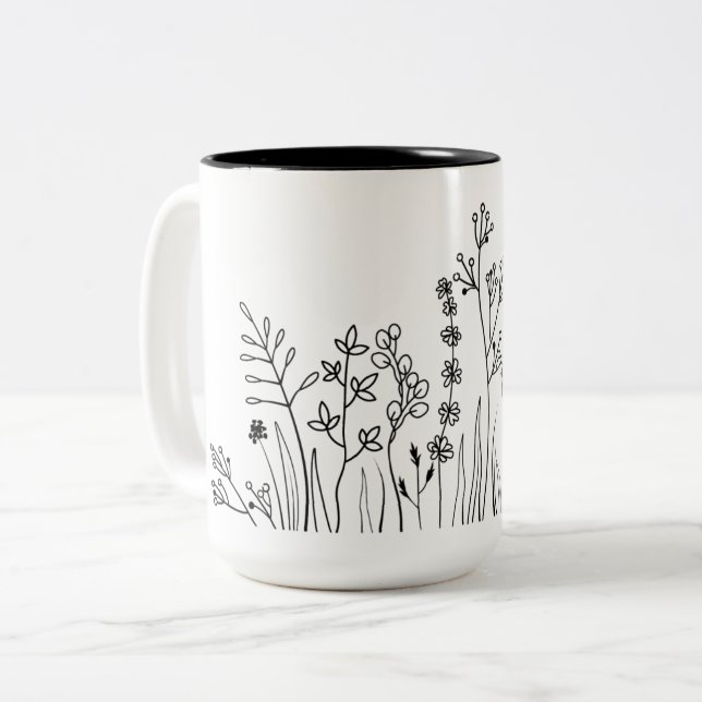 Minimalist Modern Trendy Line Art Botanical Two-Tone Coffee Mug (Front Left)