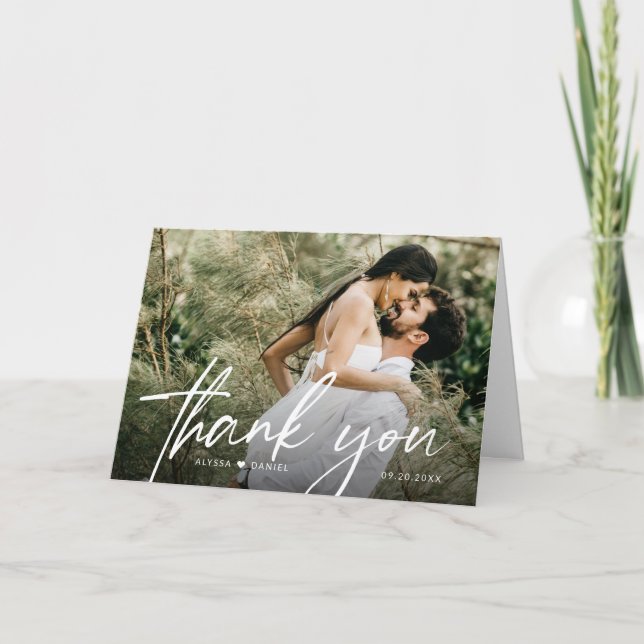 Minimalist Modern Typography 2 photo Wedding Thank You Card (Front)