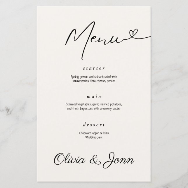 Minimalist Modern Typography Wedding Menu Card (Front)