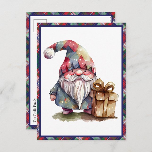 Minimalist Modern Watercolor Gnome Christmas Holiday Postcard (Front/Back)