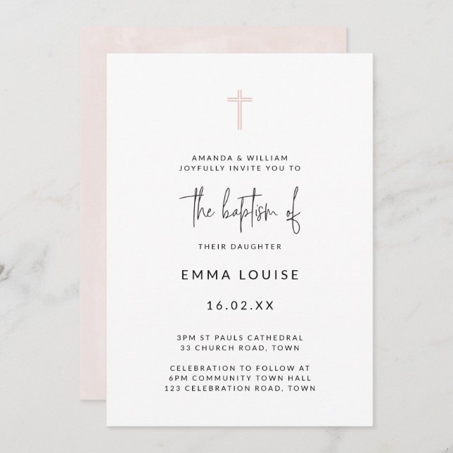 Minimalist Modern Watercolor Handwritten Baptism Invitation (Front/Back)