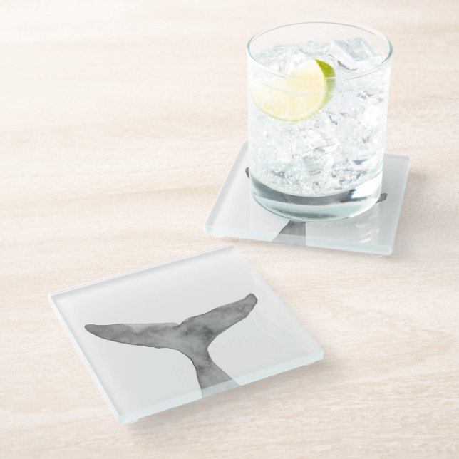 Minimalist Modern Watercolor Whale Fluke  Glass Coaster (Angled)