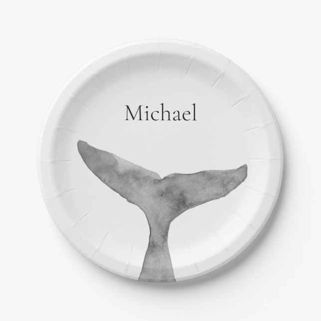 Minimalist Modern Watercolor Whale Fluke  Paper Plate (Front)