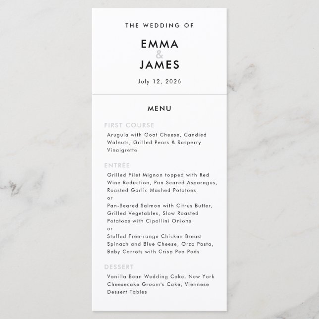 Minimalist Modern Wedding | Elegant Black & White  Menu (Front)