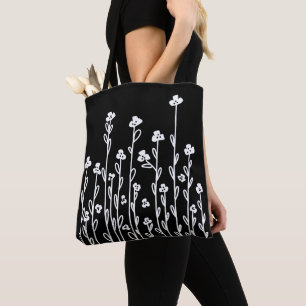 Minimalist modern white doodle floral tote bag