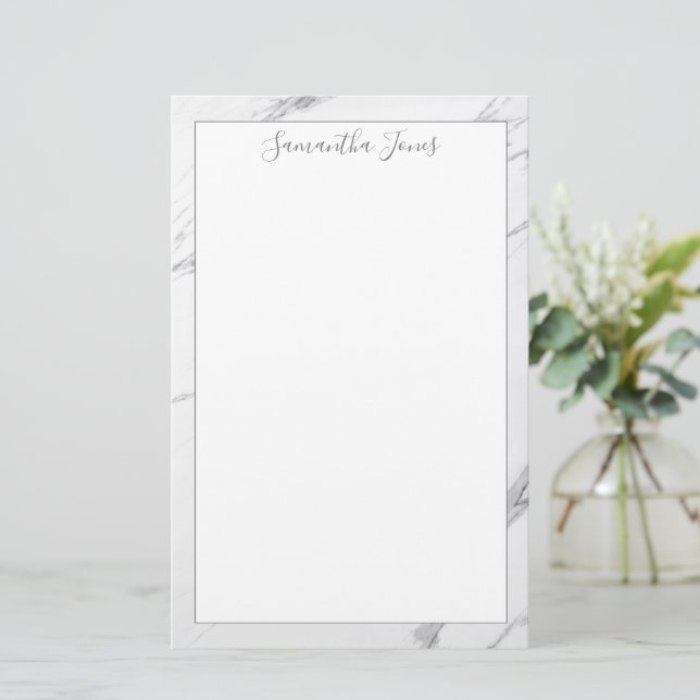 Minimalist Modern White Marble Custom Name Stationery (Standing Front)