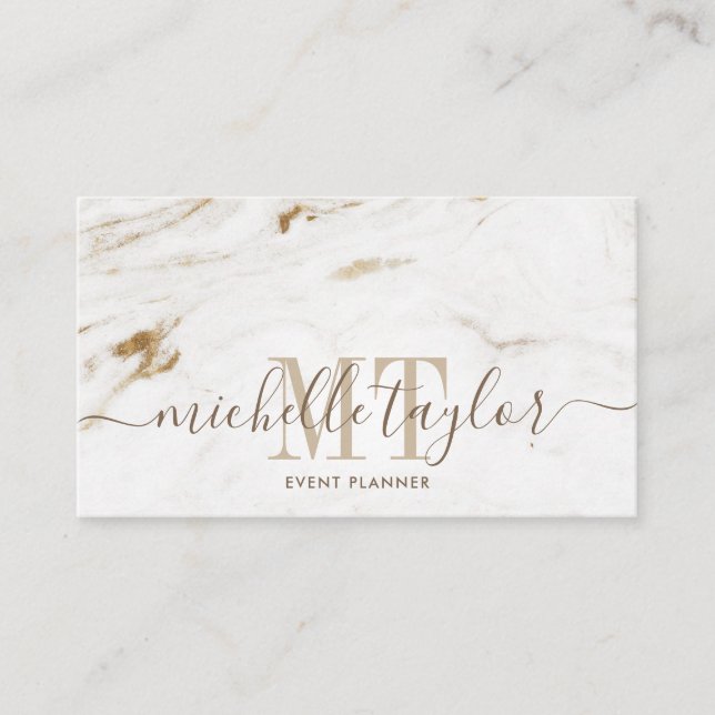 Minimalist modern white marble  gold monogram business card (Front)