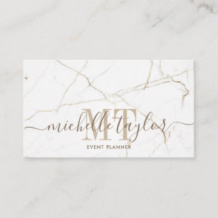 Minimalist modern white marble gold monogram business card