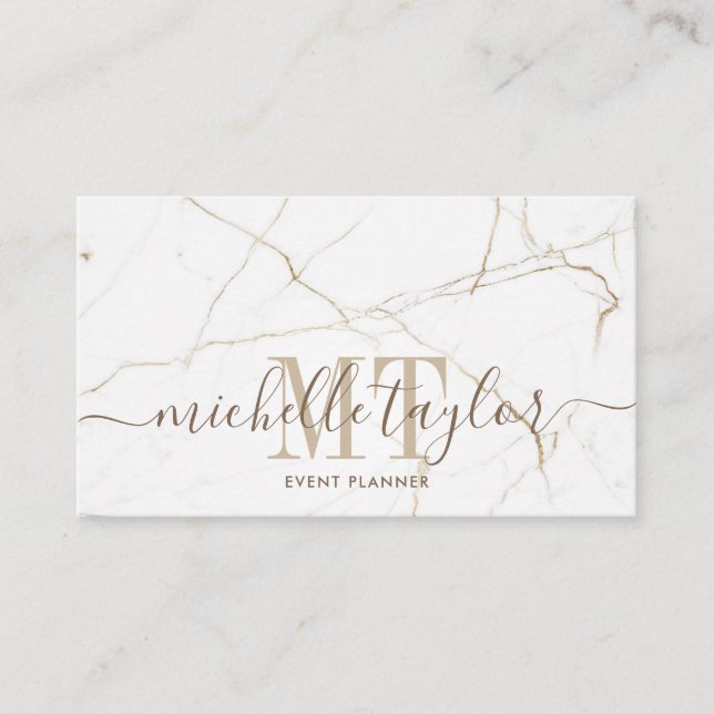 Minimalist modern white marble  gold monogram business card (Front)