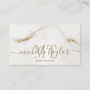 Minimalist modern white marble gold monogram business card