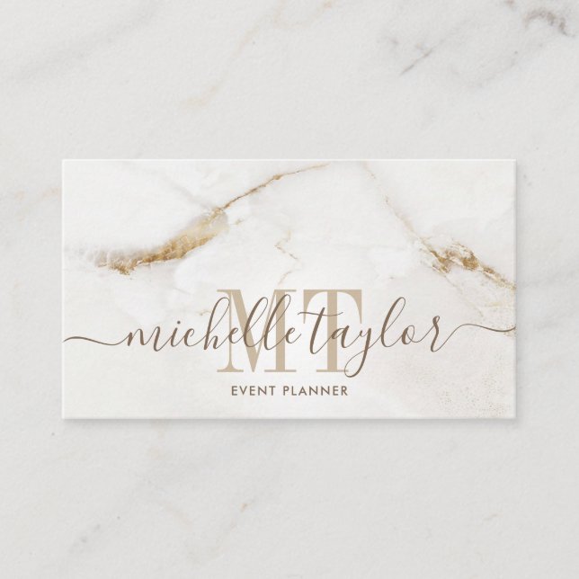 Minimalist modern white marble  gold monogram business card (Front)
