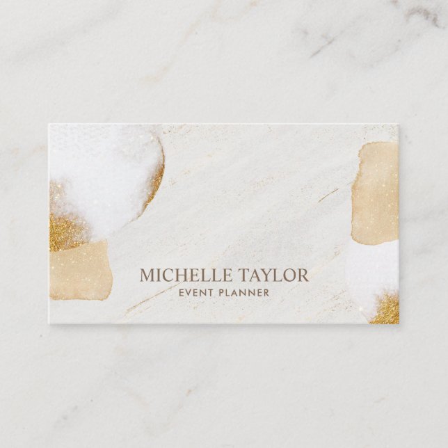 Minimalist modern white marble  gold signature bus business card (Front)