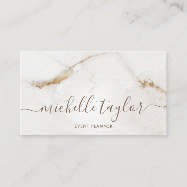 Minimalist modern white marble  gold signature business card (Front)