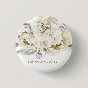Minimalist Modern White Peonie Floral Watercolor 3 Cm Round Badge