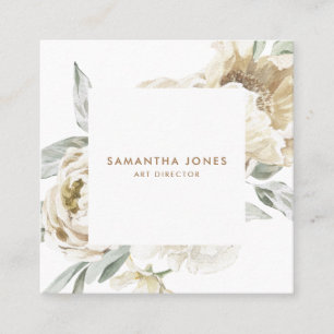 Minimalist Modern White Peonie Floral Watercolor Calling Card