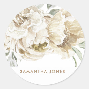 Minimalist Modern White Peonie Floral Watercolor Classic Round Sticker
