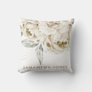 Minimalist Modern White Peonie Floral Watercolor Cushion