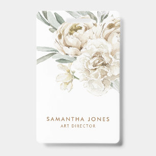 Minimalist Modern White Peonie Floral Watercolor ID Badge