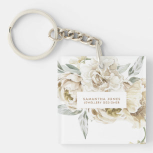 Minimalist Modern White Peonie Floral Watercolor Key Ring
