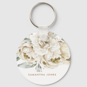 Minimalist Modern White Peonie Floral Watercolor Key Ring
