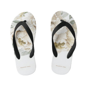 Minimalist Modern White Peonie Floral Watercolor Kid's Flip Flops