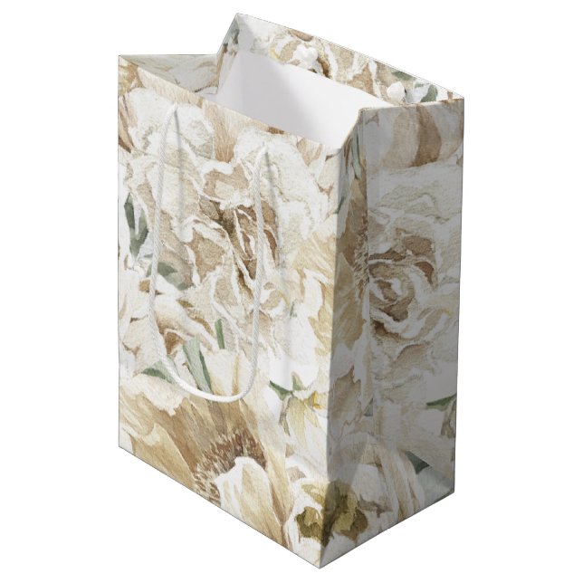 Minimalist Modern White Peonie Floral Watercolor Medium Gift Bag (Front Angled)