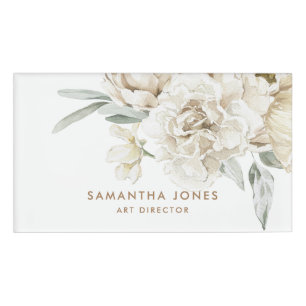 Minimalist Modern White Peonie Floral Watercolor Name Tag