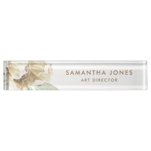 Minimalist Modern White Peonie Floral Watercolor Nameplate
