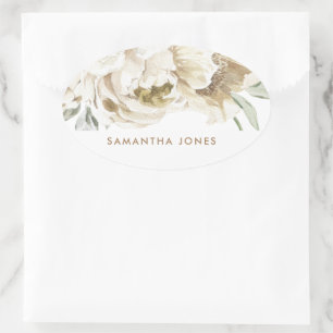 Minimalist Modern White Peonie Floral Watercolor Oval Sticker