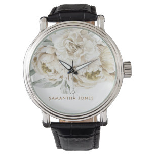 Minimalist Modern White Peonie Floral Watercolor Watch