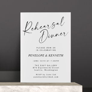 Minimalist Modern White Script Rehearsal Dinner Invitation
