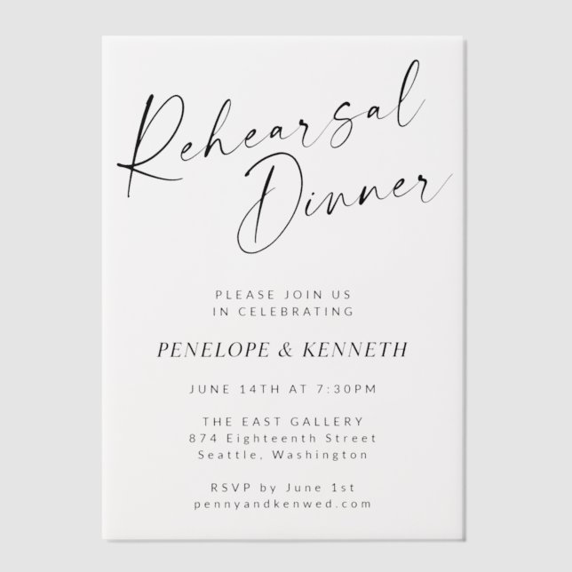 Minimalist Modern White Script Rehearsal Dinner Vellum Invitations (Front)