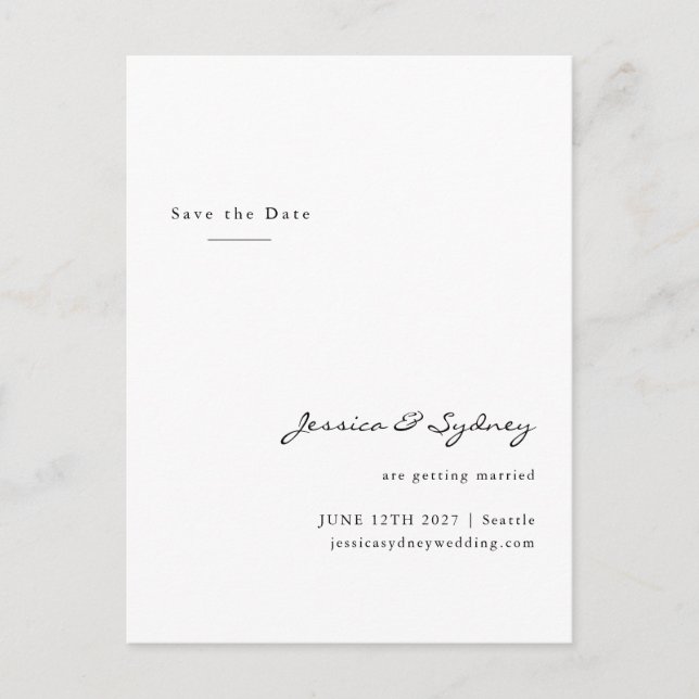 Minimalist Modern White Script Save The Date Postcard (Front)