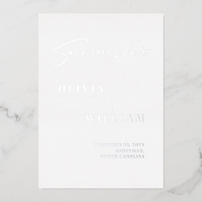 Minimalist Modern White Silver Save The Date (Front)
