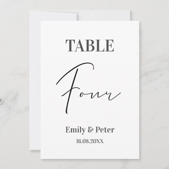 Minimalist Modern White WEDDING FOUR Table Number (Front)