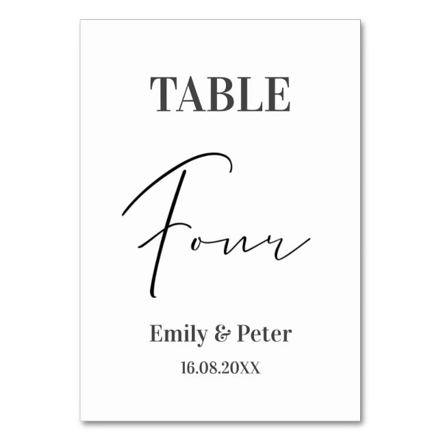 Minimalist Modern White WEDDING Party Number FOUR Table Number (Front)
