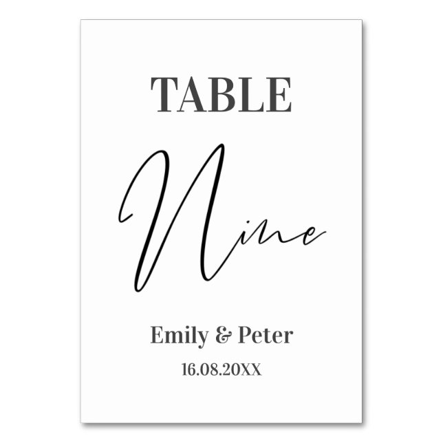Minimalist Modern White WEDDING Party Number NINE Table Number (Front)