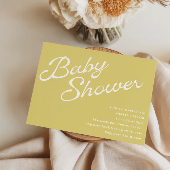 Minimalist Modern Yellow Retro Script Baby Shower Invitation (Creator Uploaded)