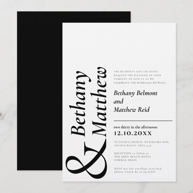 Minimalist mono black white graphic text wedding invitation (Front/Back)