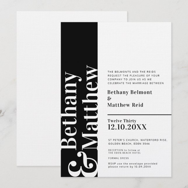 Minimalist mono black white graphic text wedding invitation (Front/Back)