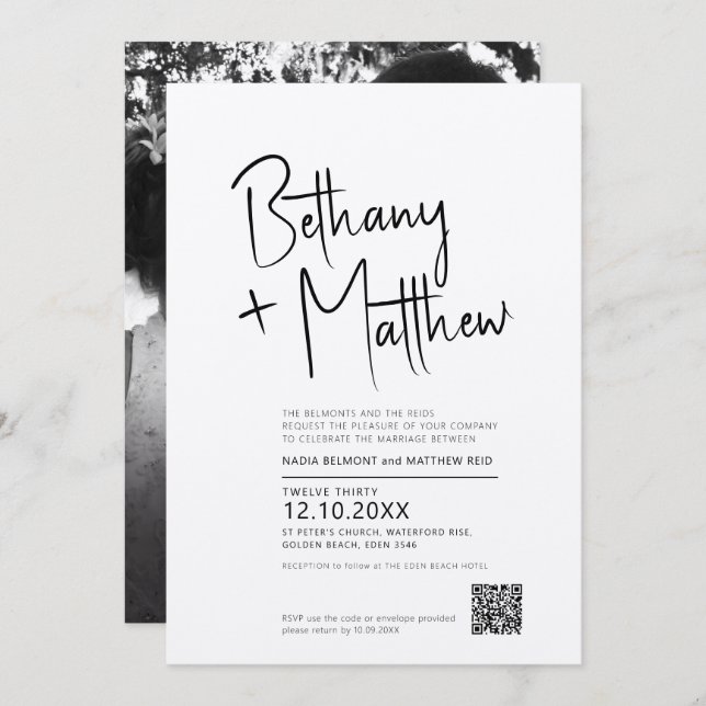 Minimalist mono calligraphy script wedding QR RSVP Invitation (Front/Back)