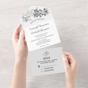 Minimalist Monochrome Border Berry Leaf Wedding All In One Invitation